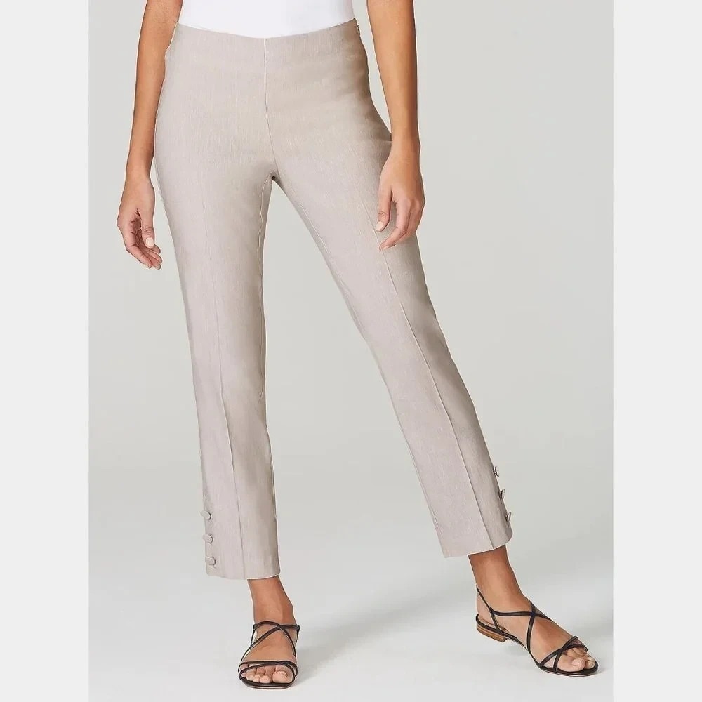 J Jill Stretch 100% Linen Pants Button Hem Ankle Tan Beige Coastal Travel Resort